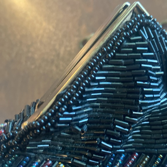 Vintage Black and multi Beaded Purse antique Gold tone Chain Shoulder Strap - Picture 8 of 16